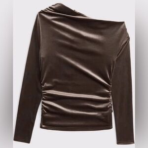 Abercrombie & Fitch Brown One Shoulder Asymmetrical Long Sleeve Velvet Top